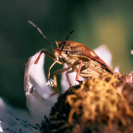 Die Beerenwanze mit Flüssigkeitstropfen am Saugrüssel